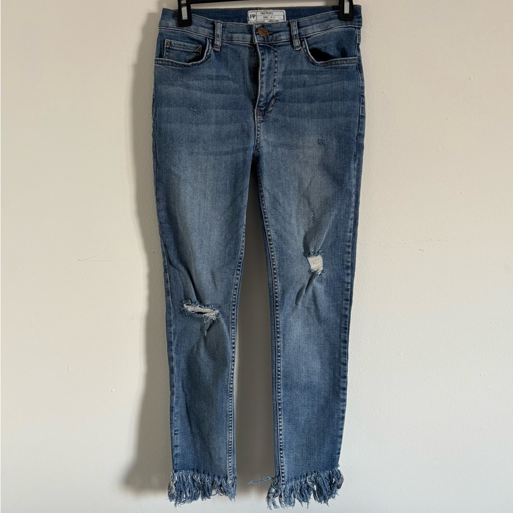 Free People Blue Skinny Jeans with Frayed Hem